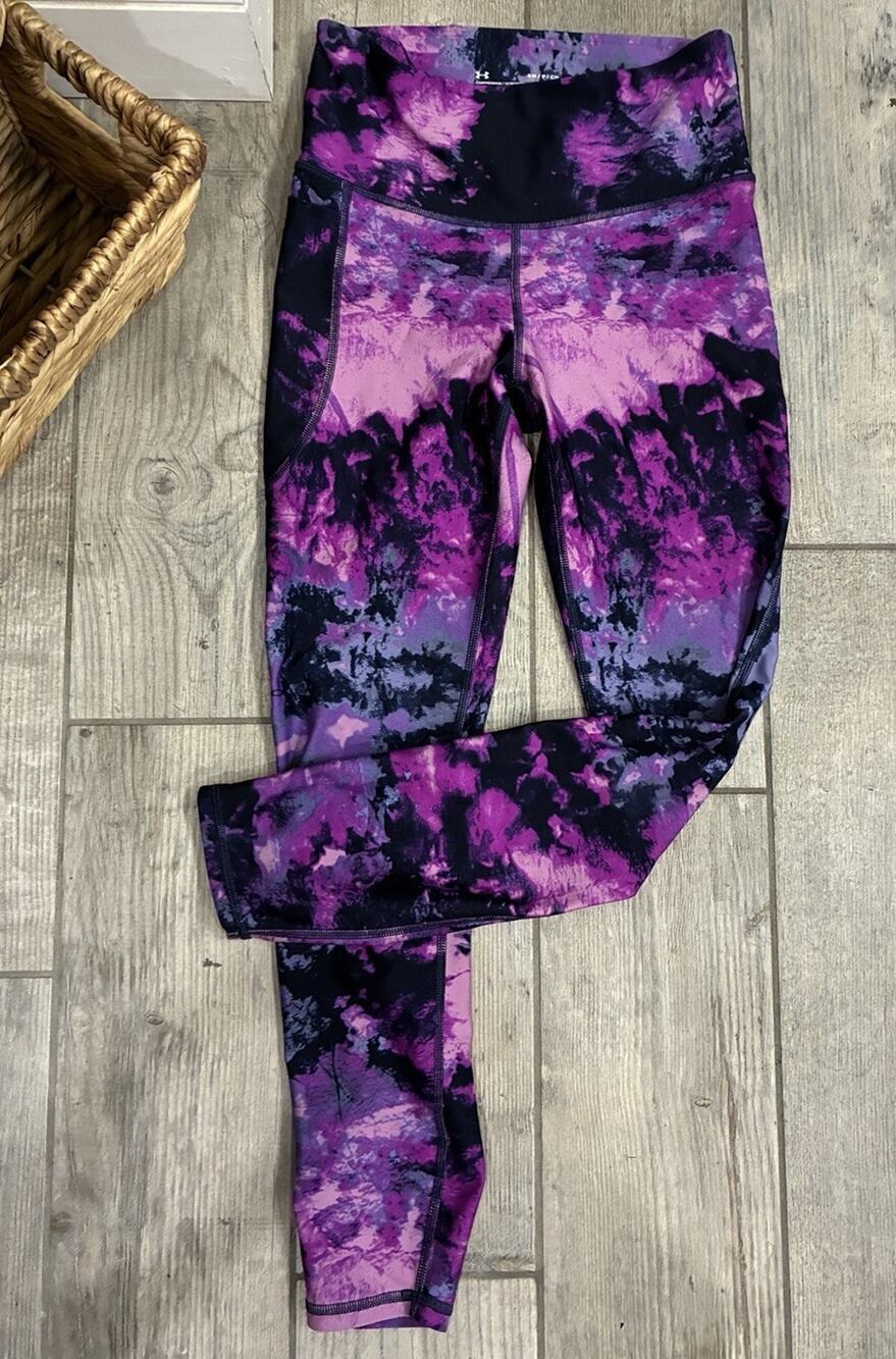 Under Armour Compression Leggings Small Purple Tie Dye Side Pocket 7/8 Crop